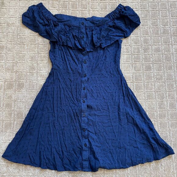 Urban Outfitters Dresses & Skirts - Urban Outfitters Off The Shoulder Swiss Dot Mini Dress Medium Navy Blue NWT